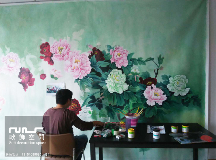 扬中市中式私人园林会所墙体彩绘，包间装饰背景壁画、国画、工笔画